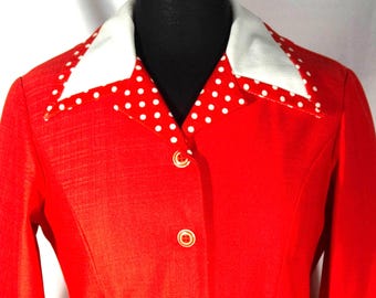 Vintage Mod Top: Red Polka Dot Wing Collar Retro Jacket - Women's Size 10