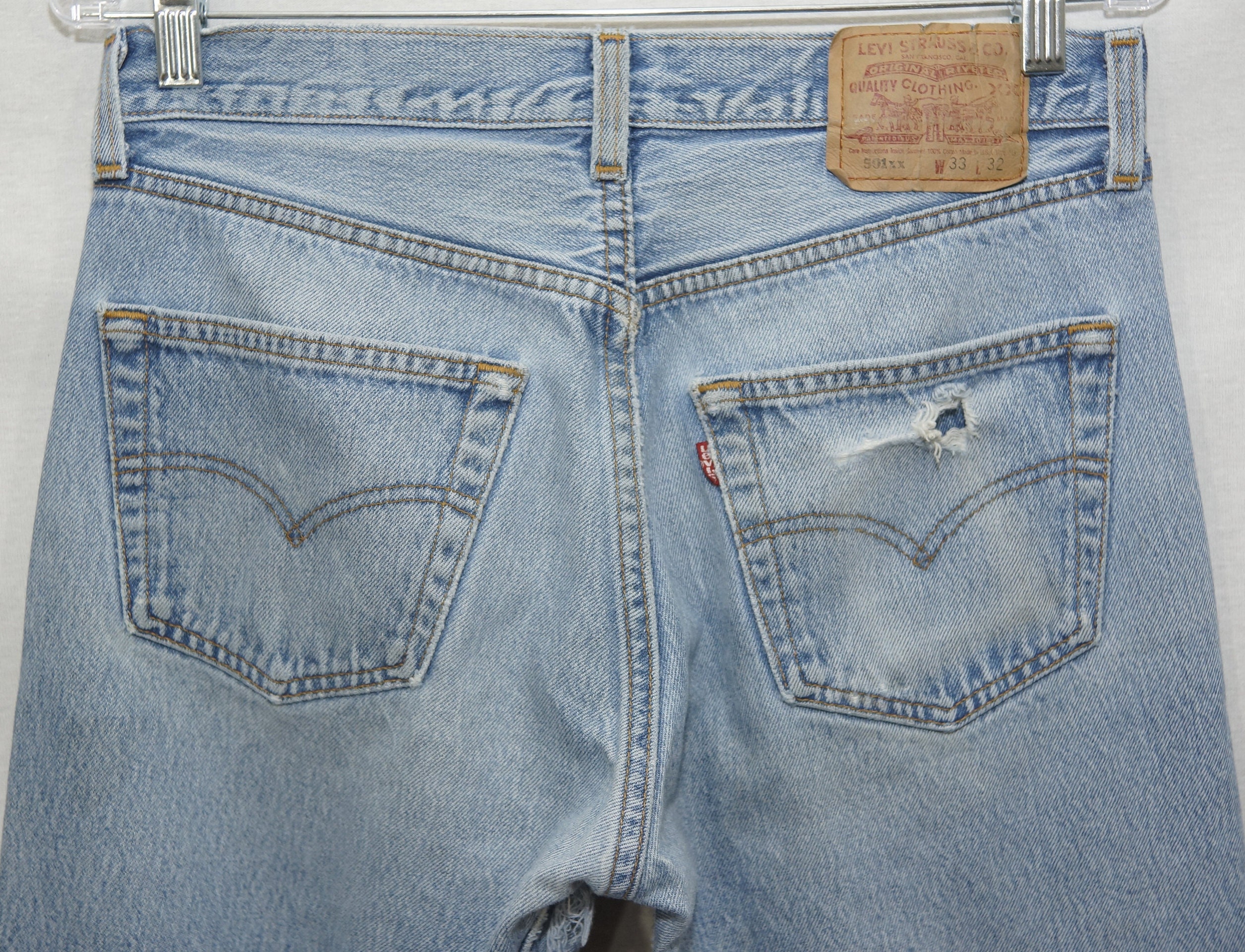 1980's 501 Levi's Vintage Jeans Button Fly Red Tab Worn-In Denim Shredded Distressed Thrashed