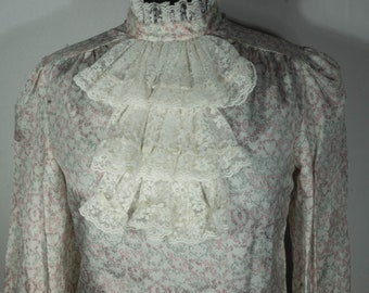 Vintage Pioneer Blouse Victorian Western Frontier Style High Neck Top Romantic Lace Collar Sleeves - *VTG Size* 7