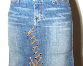 Rock & Republic Denim Pencil Skirt – USA Made Laced Trim, Size L , 29" Waist