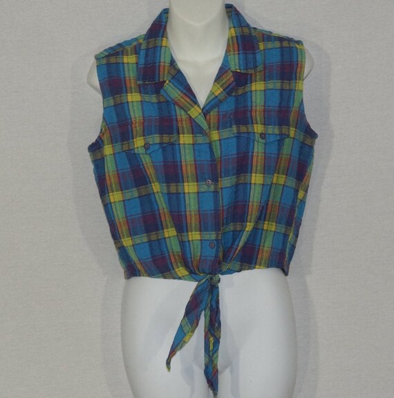 Vintage Sleeveless Top 80s Blouse Plaid Front Tie… - image 2