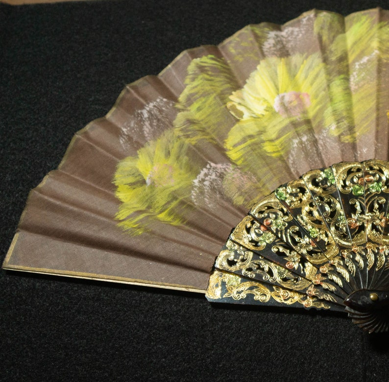 Vintage Hand Fan Folding Fan Art Decor Hand Painted Fabric Etsy