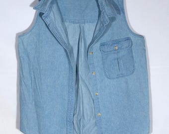 Vintage Shirt 90s Chambray Sleeveless Top - Size M