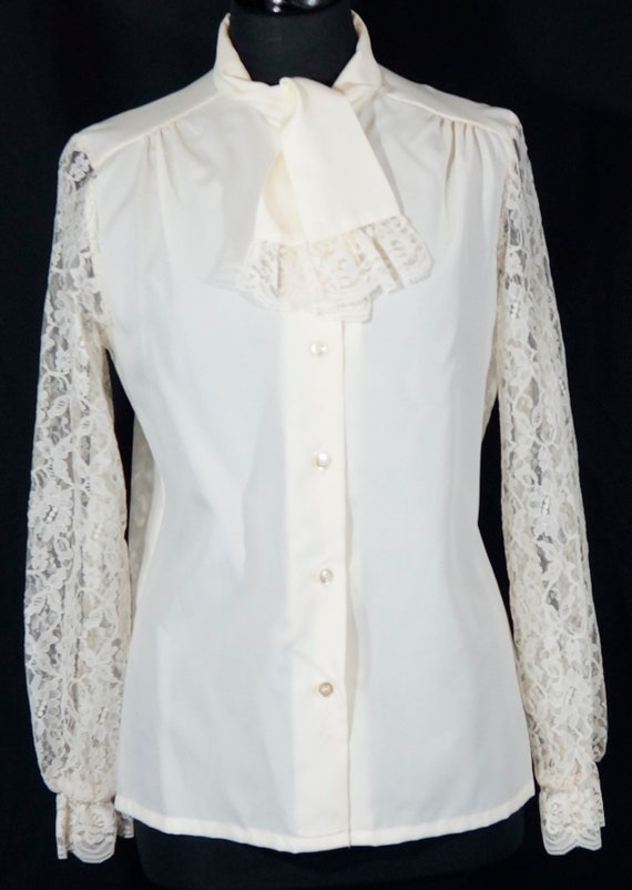 1970's Blouse Vintage High Neck Tie Top Romantic … - image 1