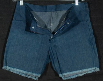 Vintage Jeans Shorts 70's Cut Off Sailor NWT Navy Cutoffs Sanforized Denim Fringe Hem - Men's size 34 , 34" Waist New Tags, Cool Sun Fading