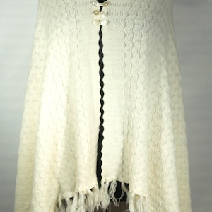 Vintage Poncho 1970&#39;s Shawl Cape Crochet Knit Fringe Buttons, Boho Chic Style, &quot;Monica&quot; Label Women&#39;s all size, long poncho fit