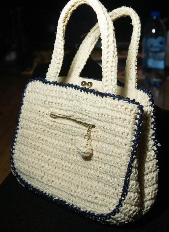 Vintage Raffia Hand Bag 60s Mod Purse Woven Straw… - image 1