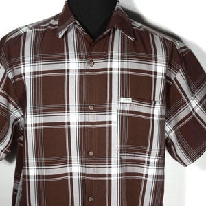 Vintage Cal Top Plaid Shirt, Brown Ivory Short Sleeve Square Hem (Size M)