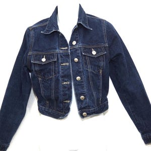 Vintage Jacket 80&#39;s 90&#39;s Jean Jacket Denim Coat &quot;Lazer Jeans&quot; Label Cotton Dark Blue Wash Trucker Cut - Women&#39;s Size Small , 34&quot; Chest