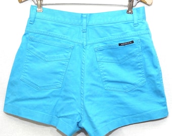Vintage Shorts 80s High Waist: Aqua Blue Stretchy Short Shorts - Size 13/14