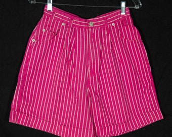 Vintage Jean Shorts 80s "Skoozi" Hot Pink Pin Stripes, Pleated, Cuffed - VTG Size 28