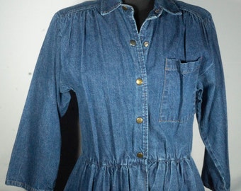 Vintage Jean Dress 80s Midi "Ransom of California" Label Cotton Denim Fit & Flare Cut - **VTG Size** 12