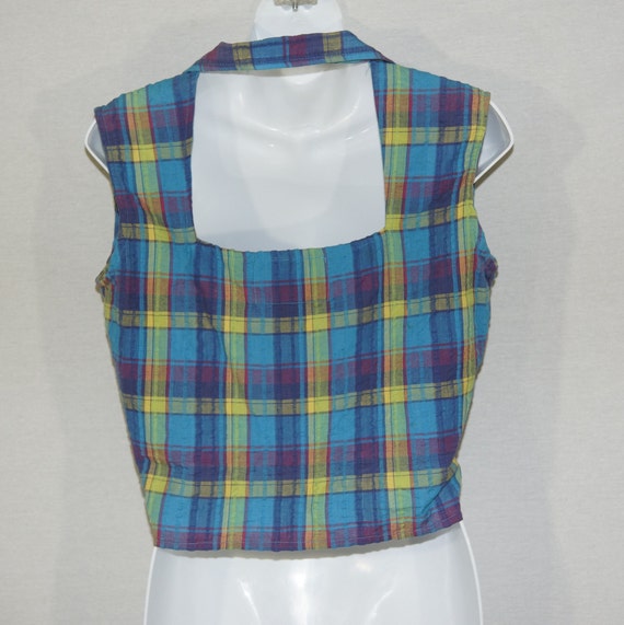 Vintage Sleeveless Top 80s Blouse Plaid Front Tie… - image 10