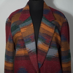 Vintage Jacket Wool Textile Long Oversized Blazer Coat Southwestern Jacket 80&#39;s Wool Blend Overcoat Made in USA Label - Women&#39;s Size M