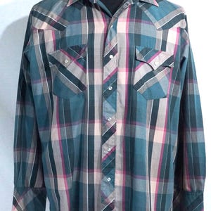 Vintage Western Shirt 80&#39;s Cowboy Pearl Snap Top &quot;ATB&quot; Label Ranch Wear Plaid Cowboy Long Sleeve Made in Korea - Men&#39;s Size 17 x 34 / 35