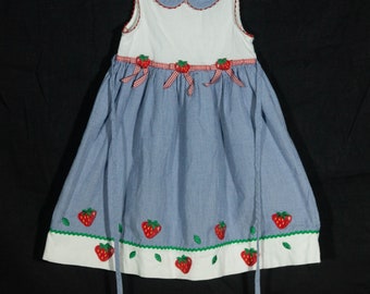 Vintage Girls Strawberry Dress: 1980s Gingham Plaid Appliqué, Size 5