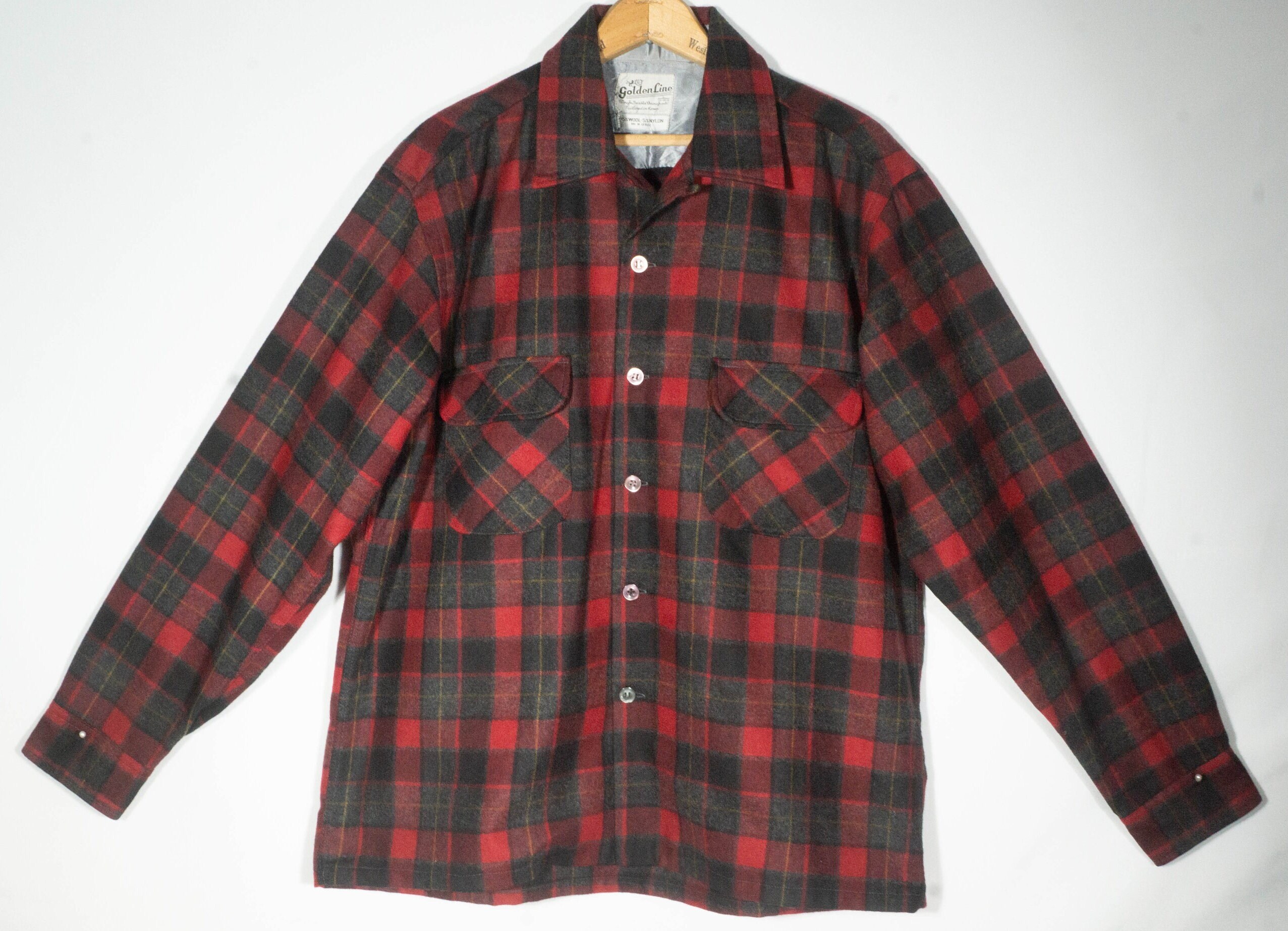 60s Shirt Vintage Wool Plaid Golden Line Label Midcentury  