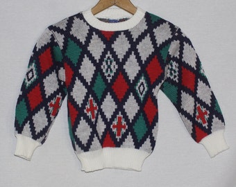 60s Kids Sweater Vintage Knit Pullover Made in Portugal Crewneck Harlequin Diamond Print - Size 6