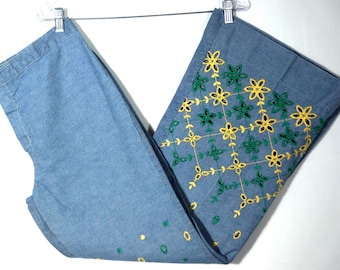 Vintage Hip Huggers Jeans Embroidered Wide Hem: 70's Flower Child - Low Rise 31" Waist