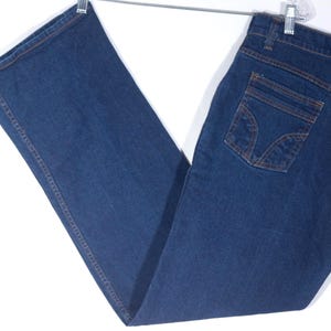 Vintage Jeans Dark Blue Stretchy Jeans 70&#39;s 80&#39;s &quot;Woolco&quot; Label Straight Leg Wide Hem Denim Pants - VTG Women&#39;s Size 14 , 32&quot; High Waist