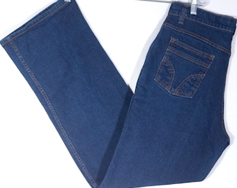 Vintage jeans hoge taille jaren 70 donkerblauwe stretchdenim met brede zoom - maat 14