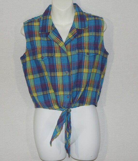 Vintage Sleeveless Top 80s Blouse Plaid Front Tie… - image 3