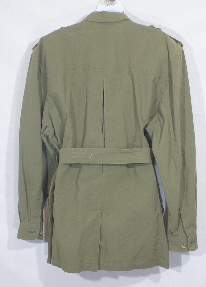 Vintage Liz Claiborne Jacket 1990/'s Trench Coat 100/% Cotton Button Down Long Sleeves Belt Khaki Green Front Pockets Shoulder Trim Size L