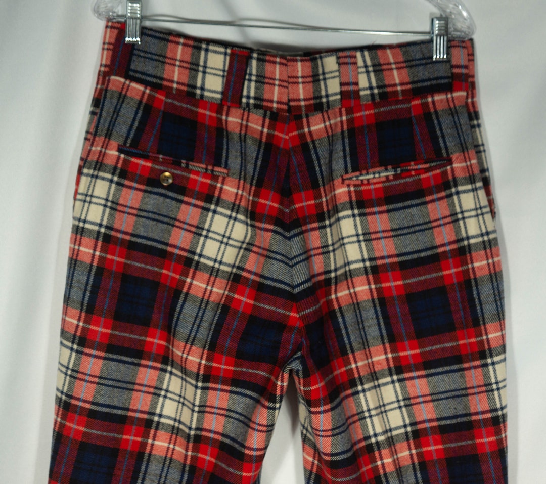 Small 1960s Mens Plaid Wool Pants Flat Front Straight Leg Short