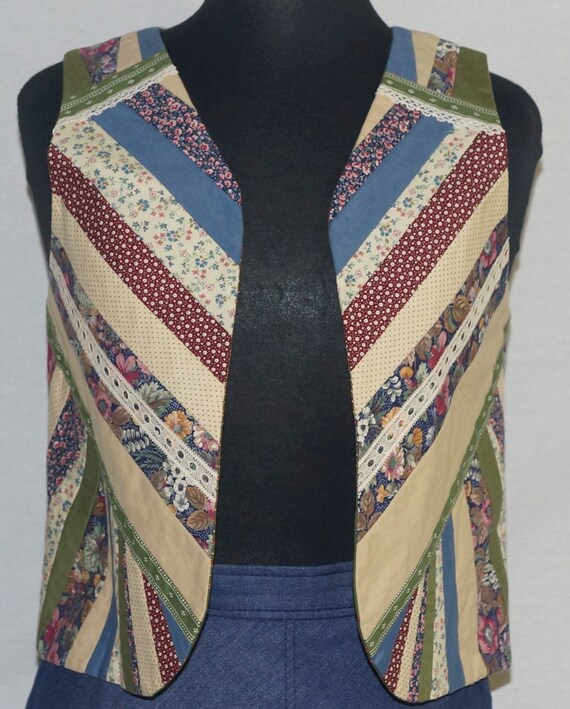 70s Patchwork Vest Vintage Boho Reversible Calico… - image 1