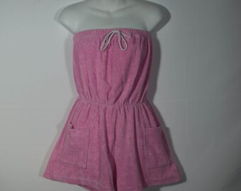 Shorts Romper Pink Terrycloth Tube Top Hot Pants Style Swimsuit Cover - no label for size, measurements included