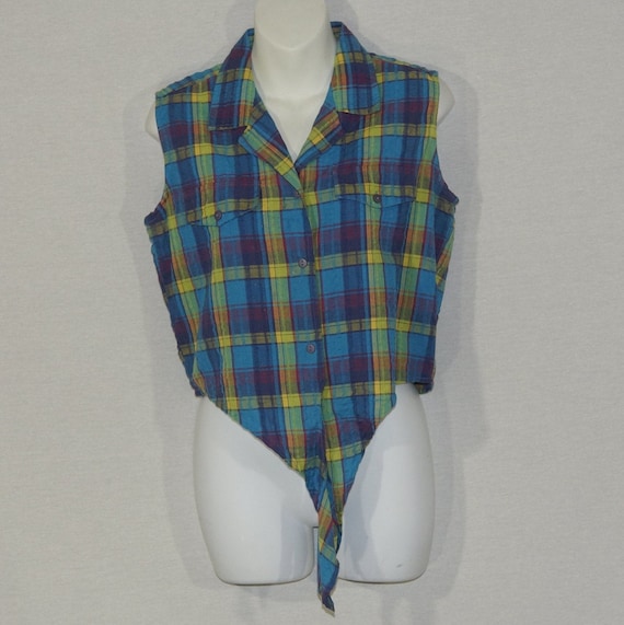 Vintage Sleeveless Top 80s Blouse Plaid Front Tie… - image 4