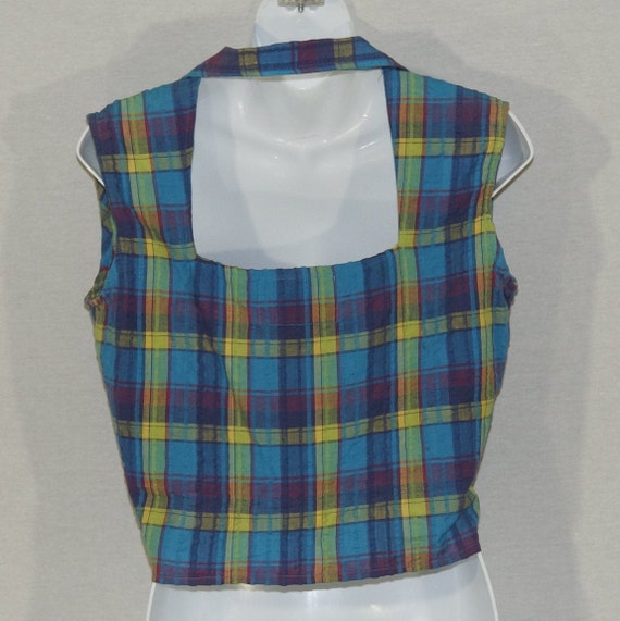 Vintage Sleeveless Top 80s Blouse Plaid Front Tie… - image 1