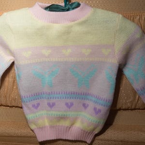 Vintage Pastel Knit Sweater: Girls 4T Hearts & Butterflies