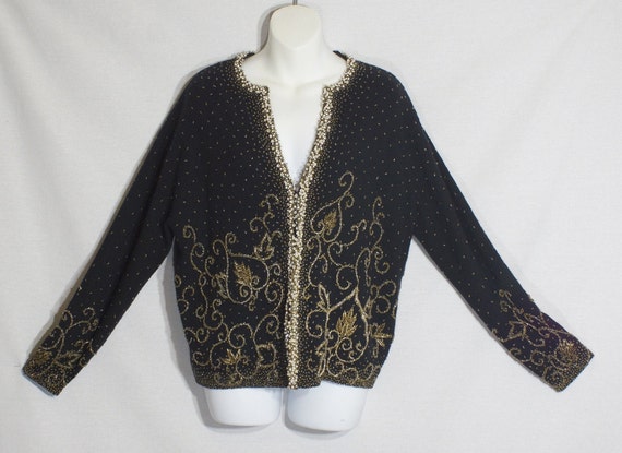 Vintage Gold Beaded Top Black Wool Cardigan Sweat… - image 1