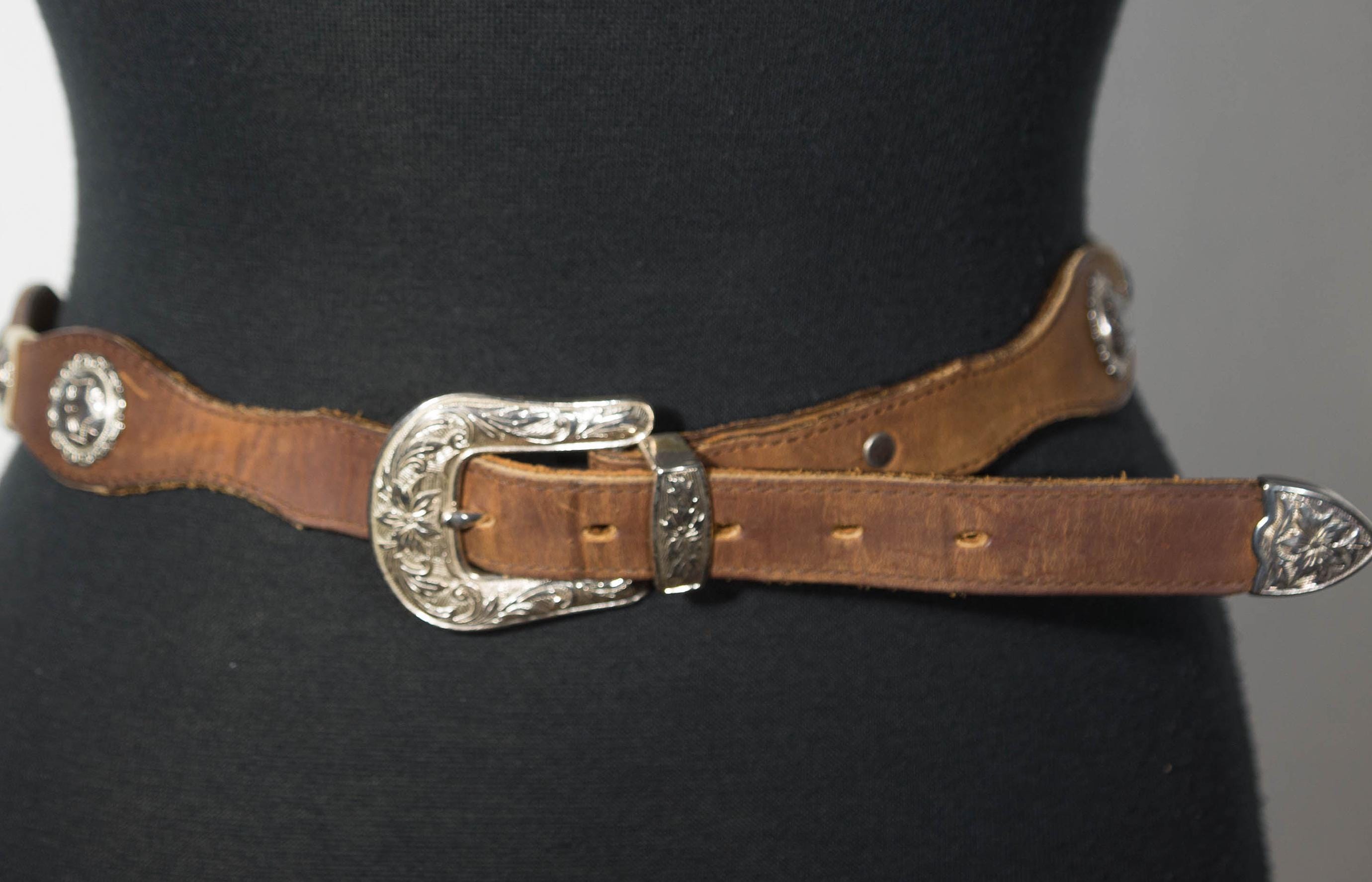 Vintage Handmade Brown Texas Leather Mfg Co. Belt With Silver Concho Belt Buckle Western Silver Engraved Texas Star Conchos Genuine Leather  main image 4