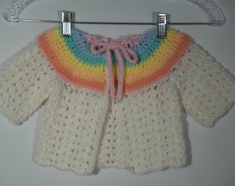 Vintage Baby Sweater Handmade Hand Knit Crocheted Hand Made Pastel Rainbow Tie Cardigan Knit Crochet - GREAT GIFT