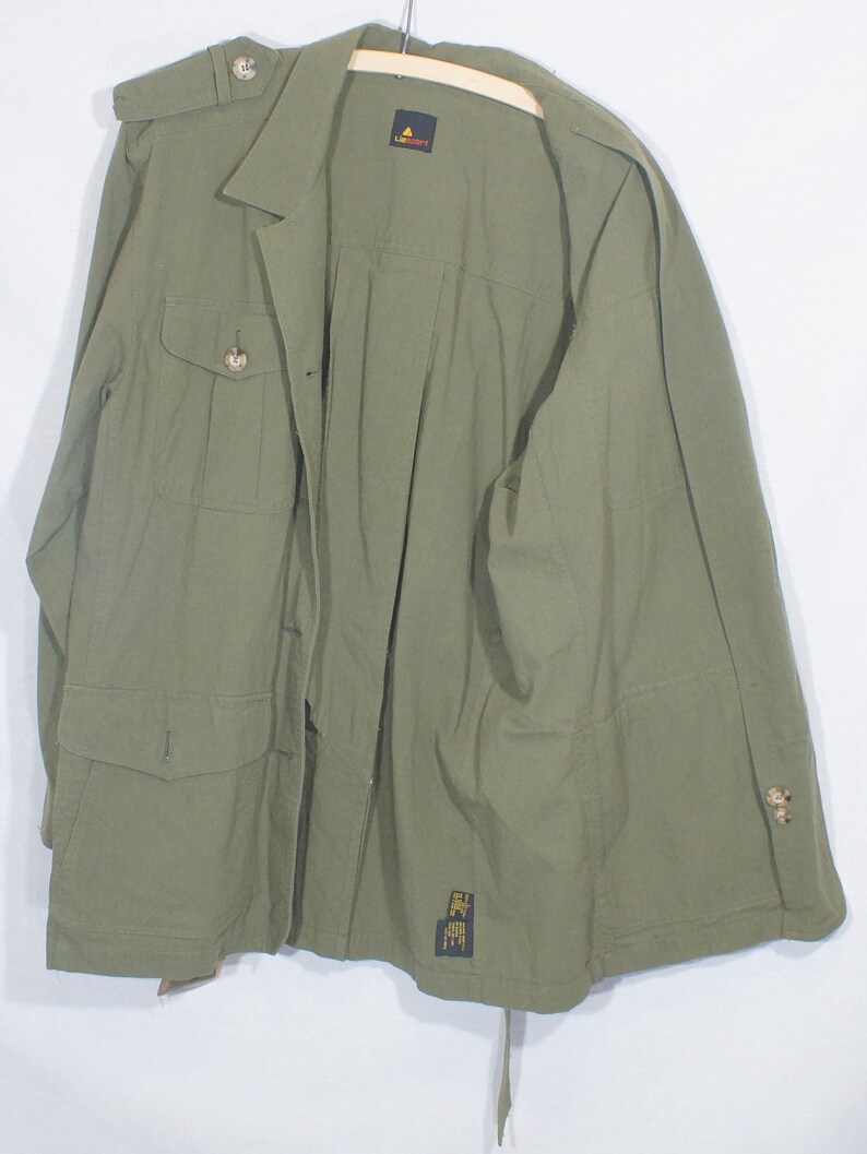 Vintage Liz Claiborne Jacket 1990/'s Trench Coat 100/% Cotton Button Down Long Sleeves Belt Khaki Green Front Pockets Shoulder Trim Size L