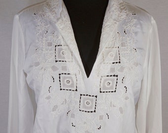 Vintage Blouse Embroidered 80s White Top Intricate Design "King James of California" Label - *VTG Size* 12