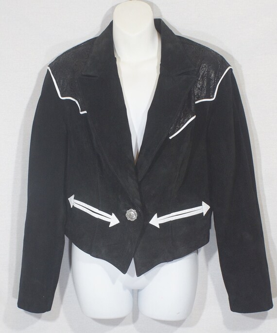 Vintage Western Leather Jacket 80s Black Soft Sue… - image 3