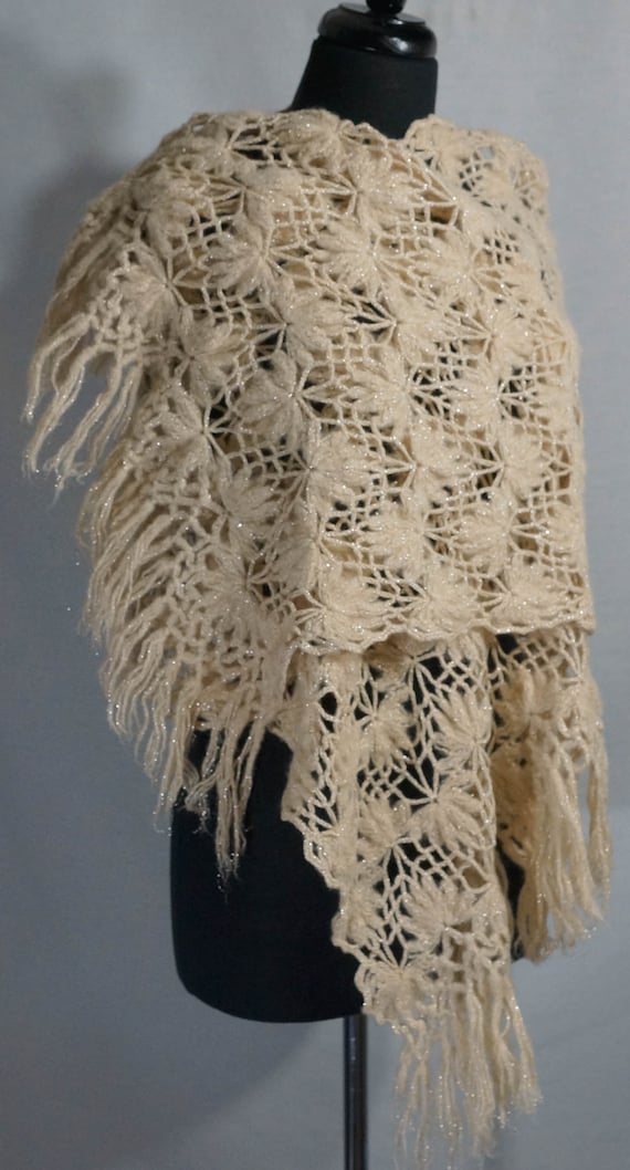 70s Handknit Scarf Shawl Wrap Vintage Crochet Hand