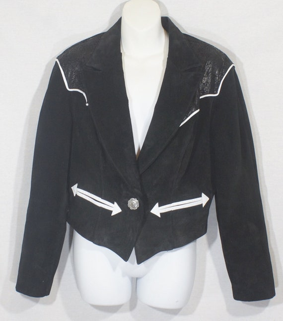 Vintage Western Leather Jacket 80s Black Soft Sue… - image 1