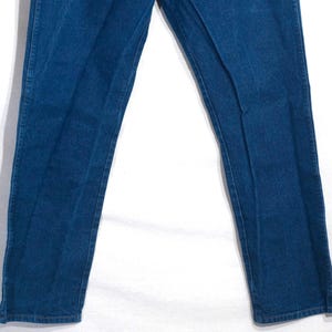 May include: Close-up of blue denim jeans. The jeans have a classic straight-leg cut and are made of a medium-wash denim fabric. The image shows the front of the jeans, with the legs slightly spread apart.