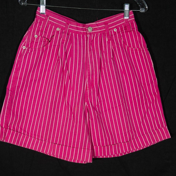 80s Jean Shorts Vintage "Skoozi" Label Hot Pink Striped Cotton Denim, Pleated, Cuffed Hem - 28" Waist