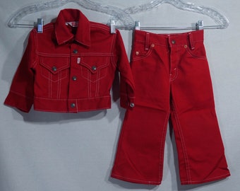 70s Levi's Kids Jeans Vintage LEVIS Jean Jacket Red Denim Flares 2 Piece Set - RARE FIND