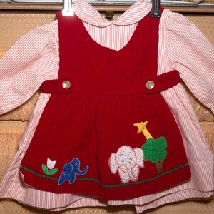 Vintage Baby Pinafore Dress Apron Dress Removable Lined Apron Candy Pin Striped Embroidery Mom & Baby Elephant Giraffe - Infant Size 6M - 9M