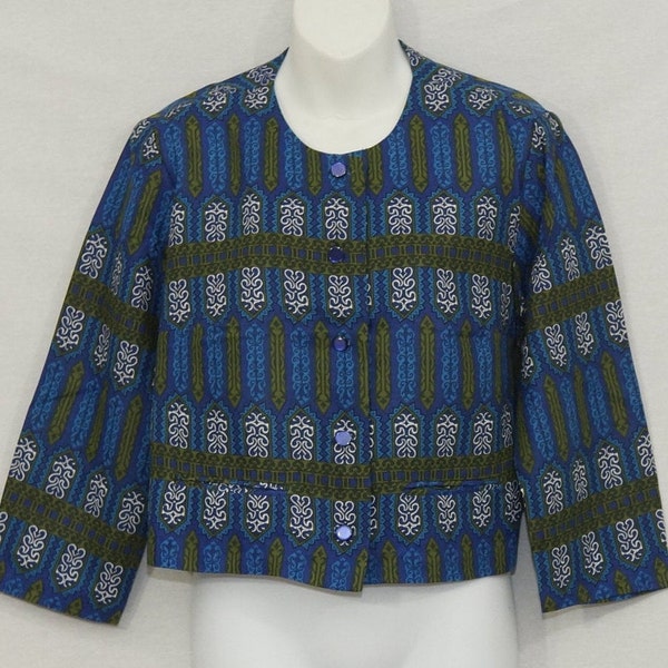 1960's Mod Jacket Top Vintage Blouse Blazer Dress Suit Separate Ikat -esque Print 60s