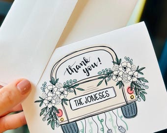 Personalized Wedding Thank You Cards: Floral Car Design