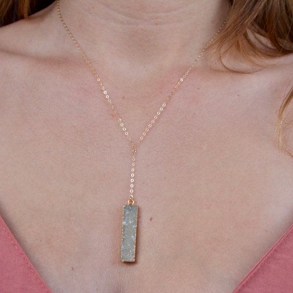 Silver Druzy Y Necklace with a 14k Gold Chain, Druzy Bar Necklace, Lariat