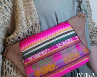 Boho Leather Crossbody Bag. Colorful Handmade Purse for Women. Dark Beige Leather Sling Bag. Unique Boho Gift for Women. Handmade gift.