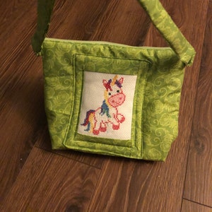 Handmade Quilted Cross Stitched Unicorn Shoulder Purse Bag